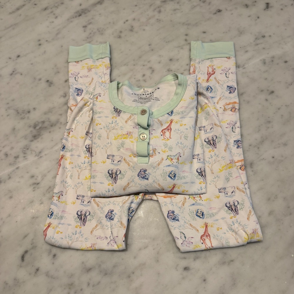 Smockingbird Kids Safari Animal Pima‎ Cotton Pajamas Set Size 8 Cream Mint Green